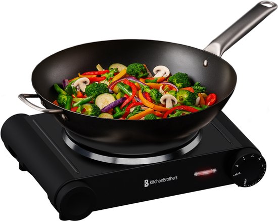 KitchenBrothers Table de cuisson électrique - 1 brûleur - pose libre - 7 niveaux de température - 1500W - Noir