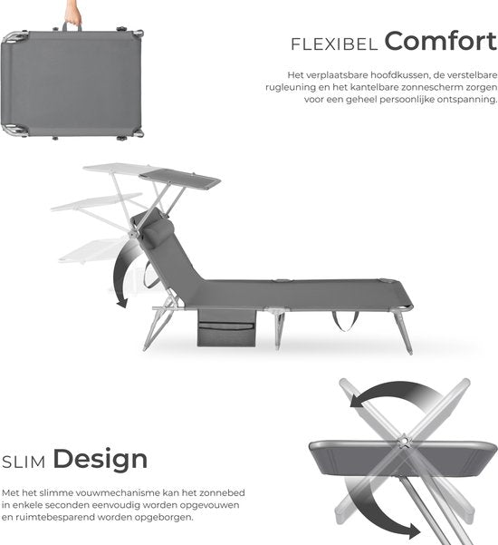 tectake® - bain de soleil bain de soleil - 4 positions, pliable - gris - 68 x 190 x 28 cm, avec poche latérale