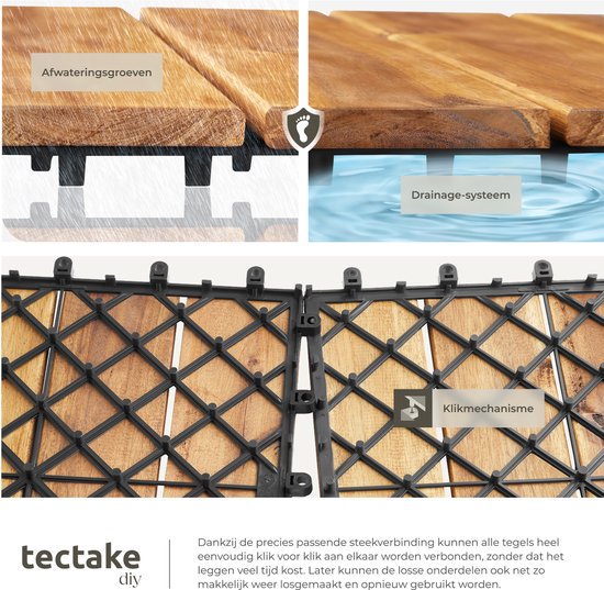 tectake® - Dalles de jardin en bois - Résistant aux intempéries - Revêtement de sol pour balcon - Dalles de sol - Sol de balcon - Dalles de terrasse avec système d'encliquetage - Drainage - lot de 40
