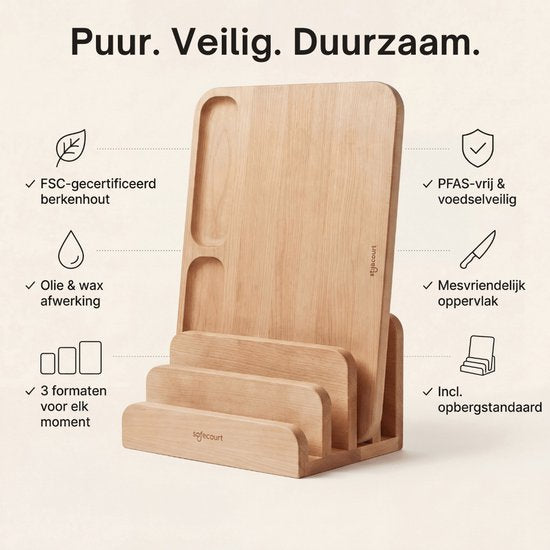 Safecourt Kitchen 3 piece wooden cutting board set [100% free of microplastics] - including storage stand - FSC certified birch wood