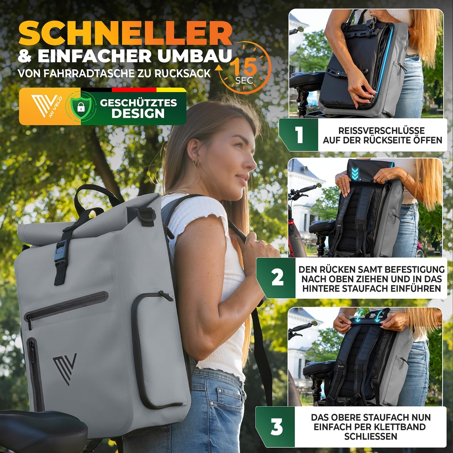 MIVELO EVO 25L : sac de vélo 3 en 1 pour porte-bagages – sac à dos et sac à bandoulière – 100 % imperméable et entièrement réfléchissant