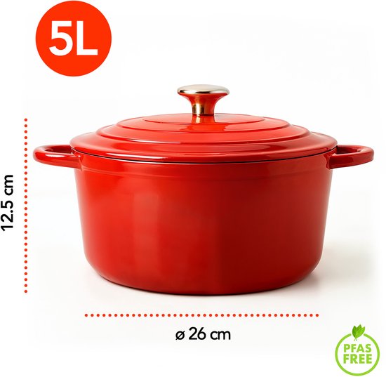 Casserole en fonte Aviro - Ø26CM - 5L - Toutes sources de chaleur y compris induction - Ragoût - Sans PFAS - Avec couvercle - Rouge