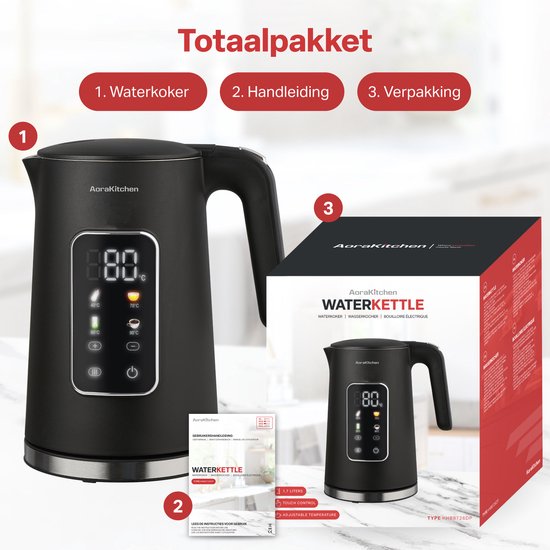 Bouilloire AoraKitchen - Ecran tactile LED - Réglage de la température - Bouilloires - 1.7L - Electrique - Cool Touch - Noir