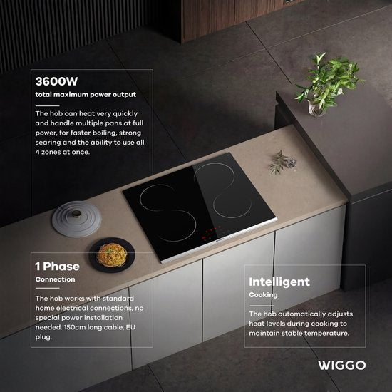 Wiggo WH-E614G(B) - Table de cuisson à induction encastrable - 60 cm - 4 zones de cuisson - Commande par curseur - Monophasé, sans fiche - Garantie 5 ans - Noir