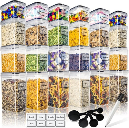 TNM Bocaux de stockage - 24 pièces - hermétique - avec cuillères et autocollants noirs