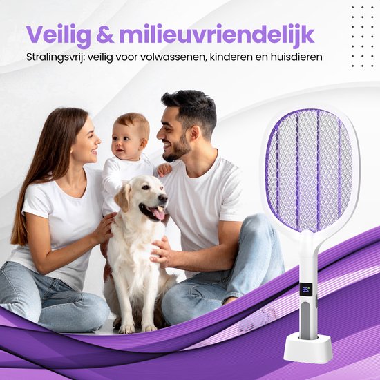 TTD® Premium Electric Fly Swatter and Mosquito Lamp Rechargeable with XXL 2 Meter Charging Cable and LCD Screen - 2 Stages Fly Swatter and Mosquito Lamp - 2500 Volts - Rechargeable via USB and Power Socket - With Safety Net - UV Light - Fly Catcher