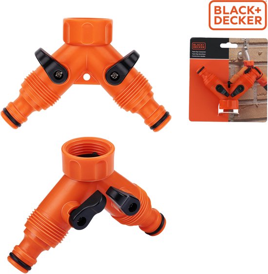 BLACK+DECKER Double Tap Fitting Garden Hose - Raccord pour tuyau d'arrosage - Raccords de robinet 3/4" - Butée d'eau intégrée - Régulation du débit d'eau - Plastique - Orange/Noir