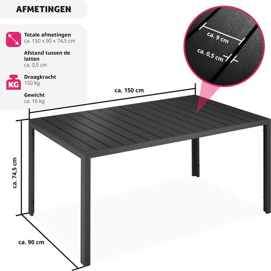 tectake® - Table de jardin 150 x 90 x 74,5 cm - Résistante aux intempéries, montage facile - Réglable - Structure en aluminium avec plateau en plastique - noir