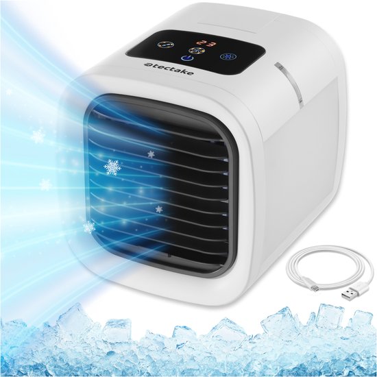 tectake® Air Cooler Frosty avec éclairage LED - 2 modes de refroidissement - 8W - Refroidisseur d'air 3-en-1 avec réservoir d'eau - Sans tuyau de vidange - Câble USB et entonnoir inclus - Mini climatiseur - Blanc