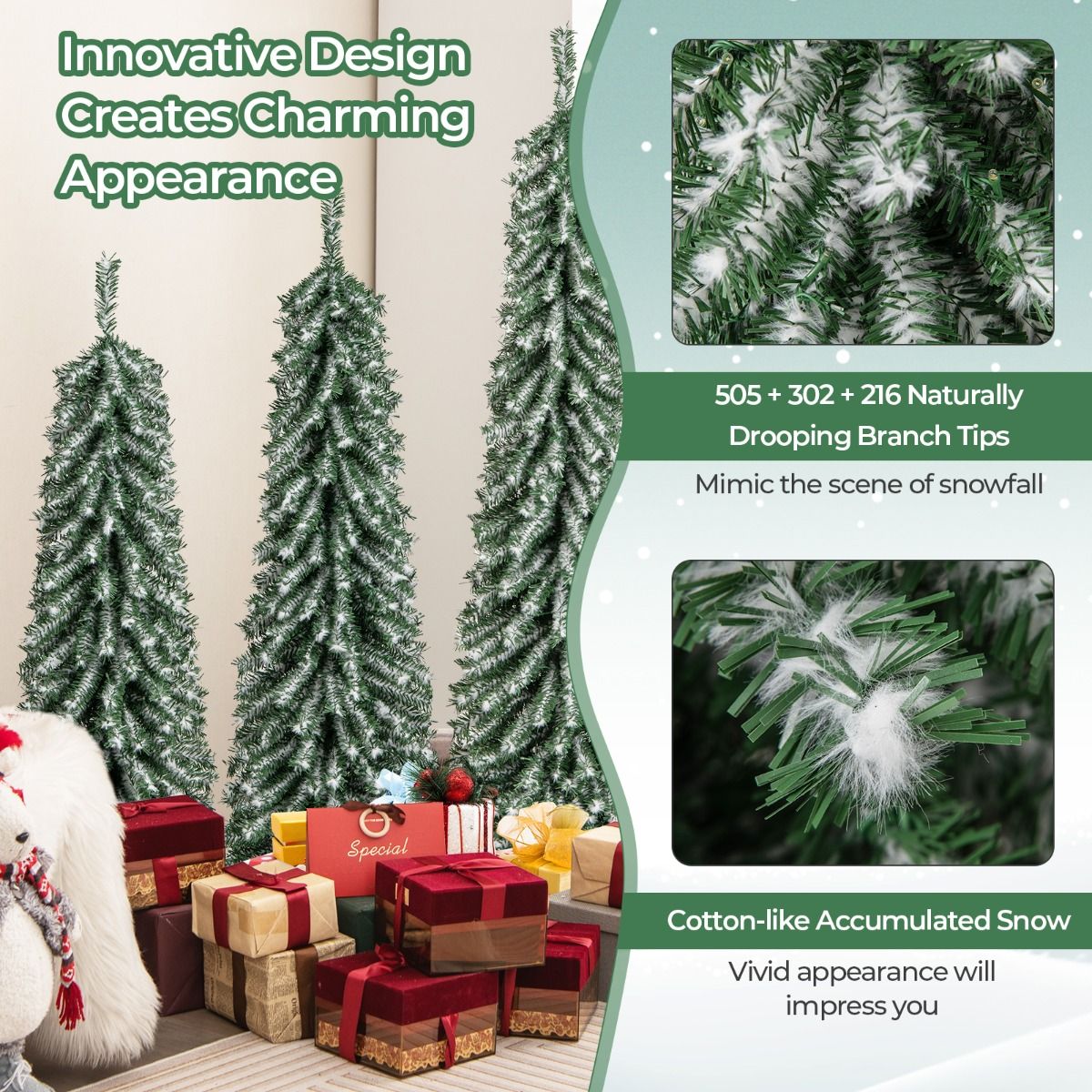 Lot d'arbres de Noël artificiels Coast - en forme de crayon - avec neige artificielle et éclairage LED - 120/150/180 cm