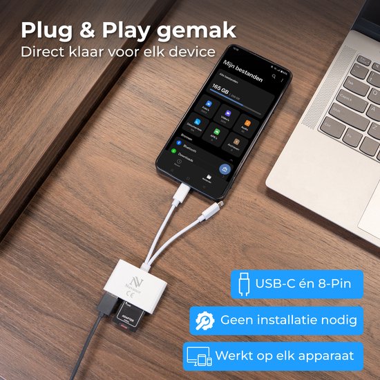 Nuvance SD Card Reader - 3 en 1 - Micro SD Card - USB to USB C - 8-Pin - Convient à tous les téléphones, tablettes et ordinateurs portables