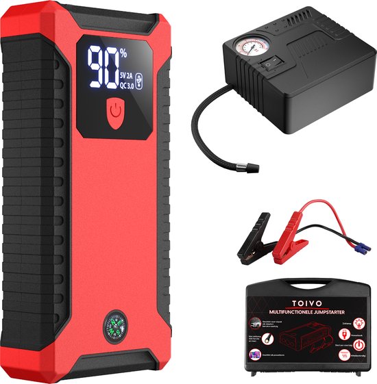 Toivo 12V Jumpstarter for Car - 1000A / 20,000 mAh - With Compressor - 4-in-1 Starting Aid with Powerbank, LED Flashlight and SOS Emergency Light - In Storage Case