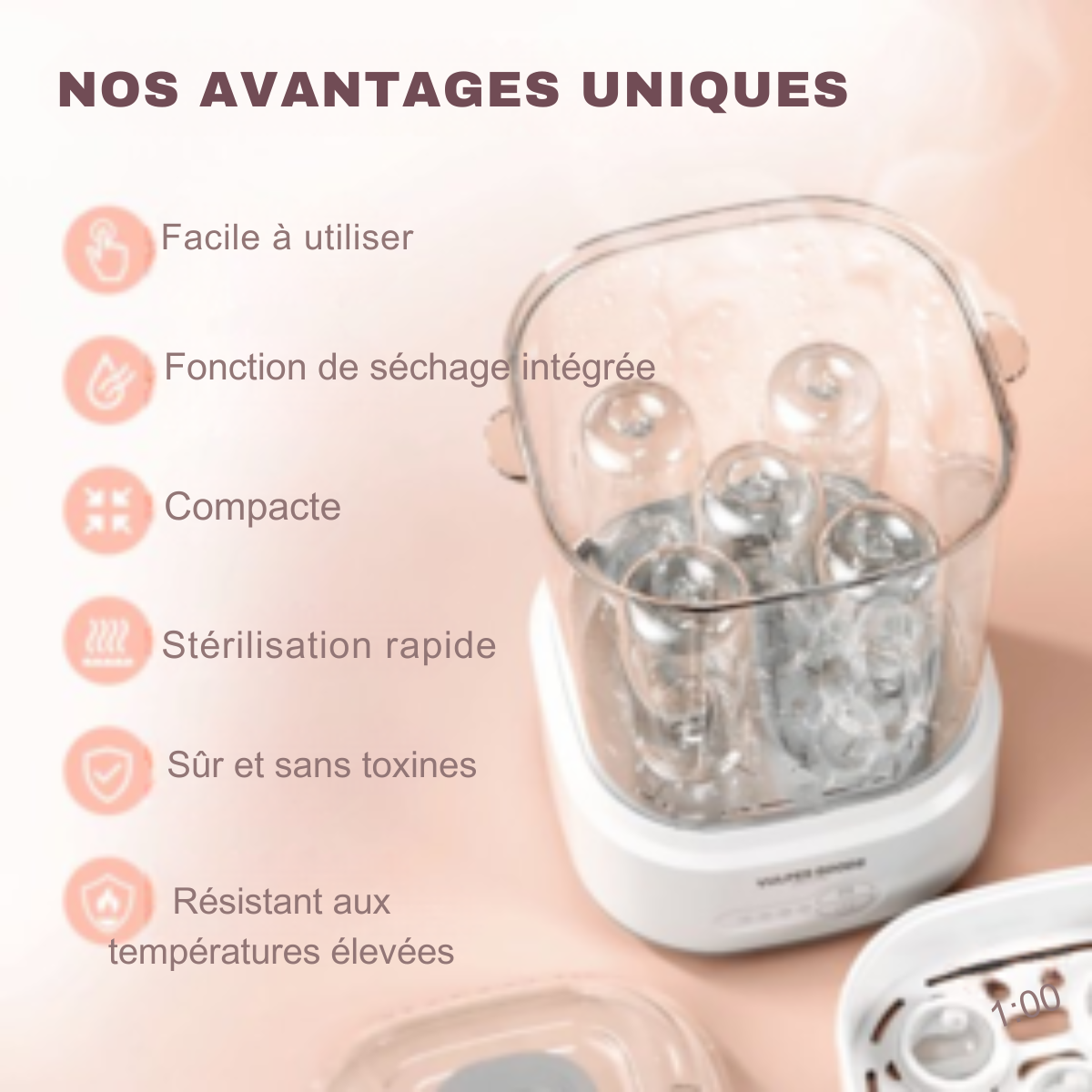 Vulpes Goods® BabyCare - Stérilisateur de biberons électrique 5 en 1 - Stérilisateur à vapeur avec fonction sèche - Stérilisateur de biberons PRO - Kit de nettoyage inclus