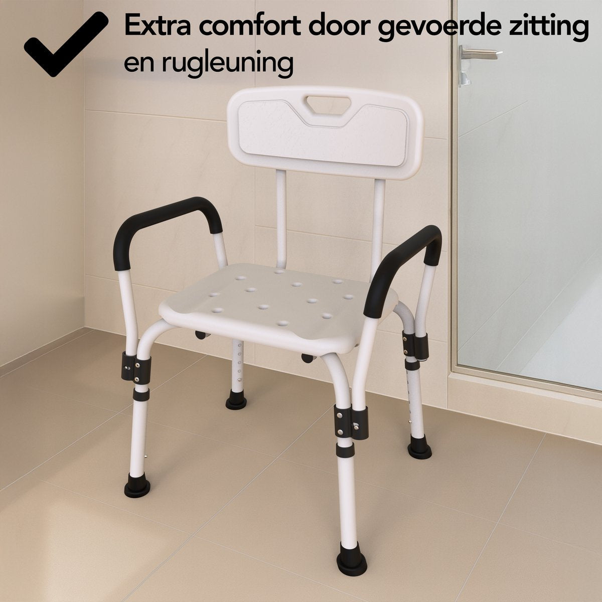 Brixy Shower Chair White 72-90 cm - Tabouret de douche réglable avec dossier et accoudoir amovibles, assise antidérapante et rembourrée, Max. 150 kg