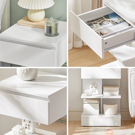 SoBuy Lot de 2 tables d'appoint, table de nuit avec 1 tiroir et 3 étagères, table basse au design scandinave pour le salon ou la chambre, blanc, 39x65x39cm, FBT49-Wx2