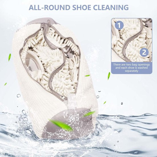 Sac à linge pour chaussures - Sac double avec fermeture éclair dissimulée - Pour utilisation en machine à laver - Nettoyage à 360 degrés - Couleur blanche