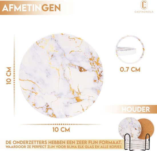 Castagnola Sous-verres en céramique avec support - Sous-verres pour verres - Sous-verres design - Sous-verres - Sous-verres à boire - Céramique - Liège - Lot de 6 - Blanc/Or