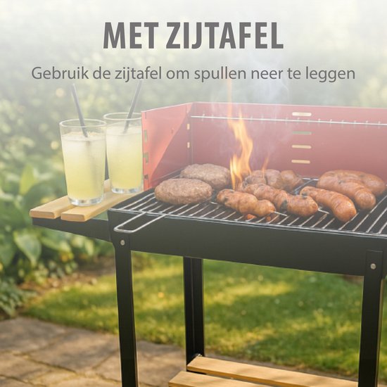 BBQ Collection Barbecue au charbon de bois - Barbecue au charbon de bois avec roulettes - Grille réglable et pare-vent - Barbecue avec table d'appoint - Noir