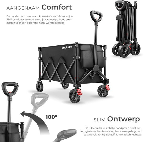 Chariot tectake® - Pliable - Capacité de charge de 80 kg - Roues pivotantes massives avec frein - 45 x 88 x 95 cm - Chariots de transport - Chariot à main - Avec poignée réglable - Chariot à main - Chariot de transport hydrofuge - Avec tablette et compart