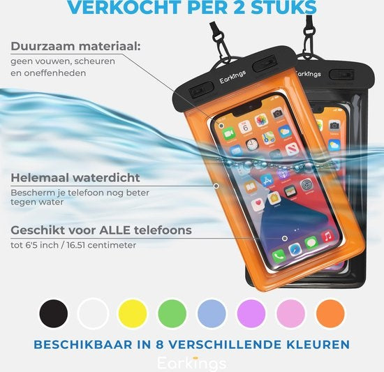 Etuis de téléphone étanches - Drybag Set of 2 - Etui de téléphone sous-marin pour tous les téléphones - Etui de téléphone étanche Earkings - Noir & Orange