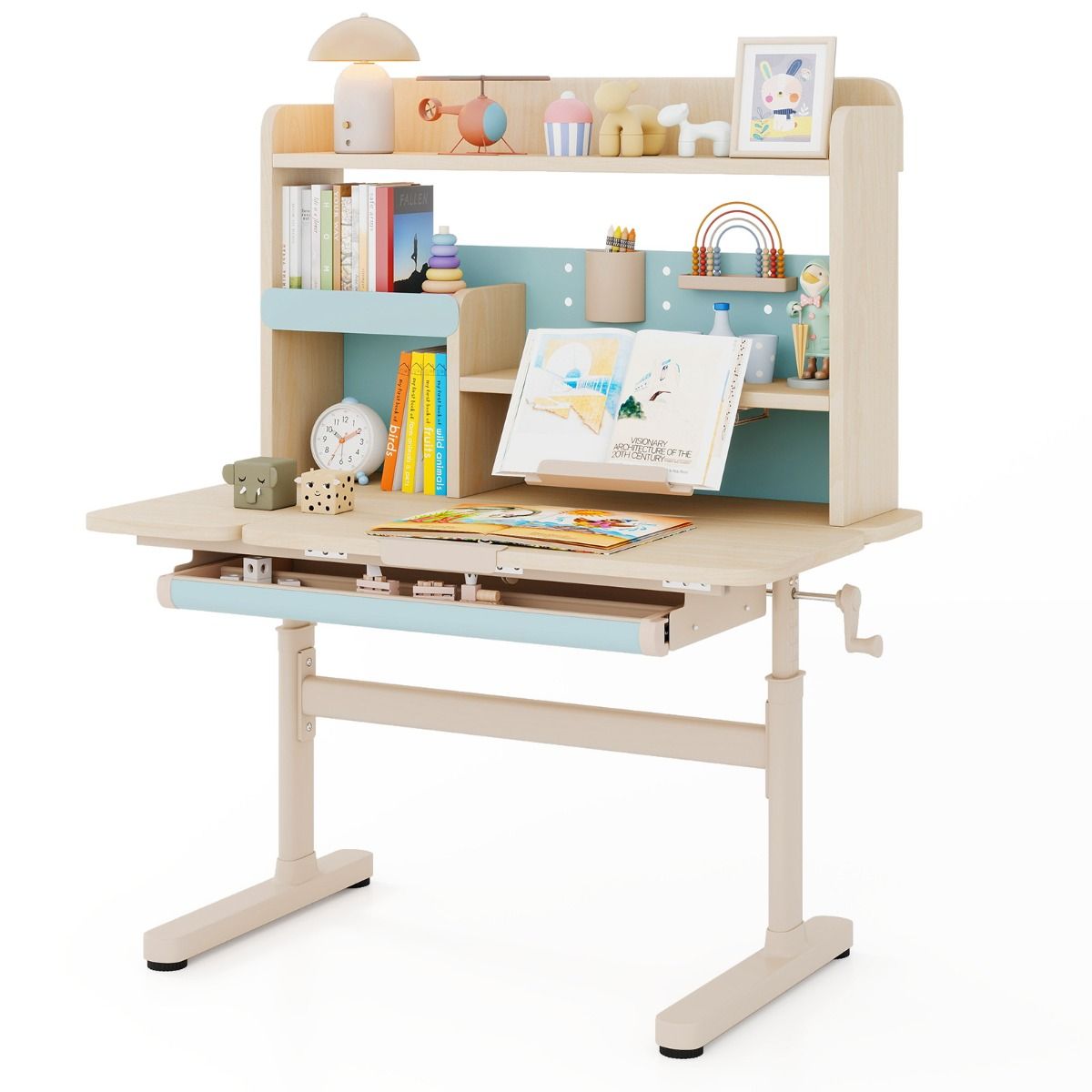 table enfant coast - hauteur réglable 52-74 cm - bureau inclinable 0°-60° - tiroir et casier - bleu - 100 x 60 x 111-135 cm