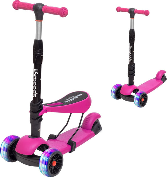 LifeGoods MultiRider Scooter pour enfants - Étape 3-8 ans - Siège réglable - Roues lumineuses - Garçons/Filles - Rose