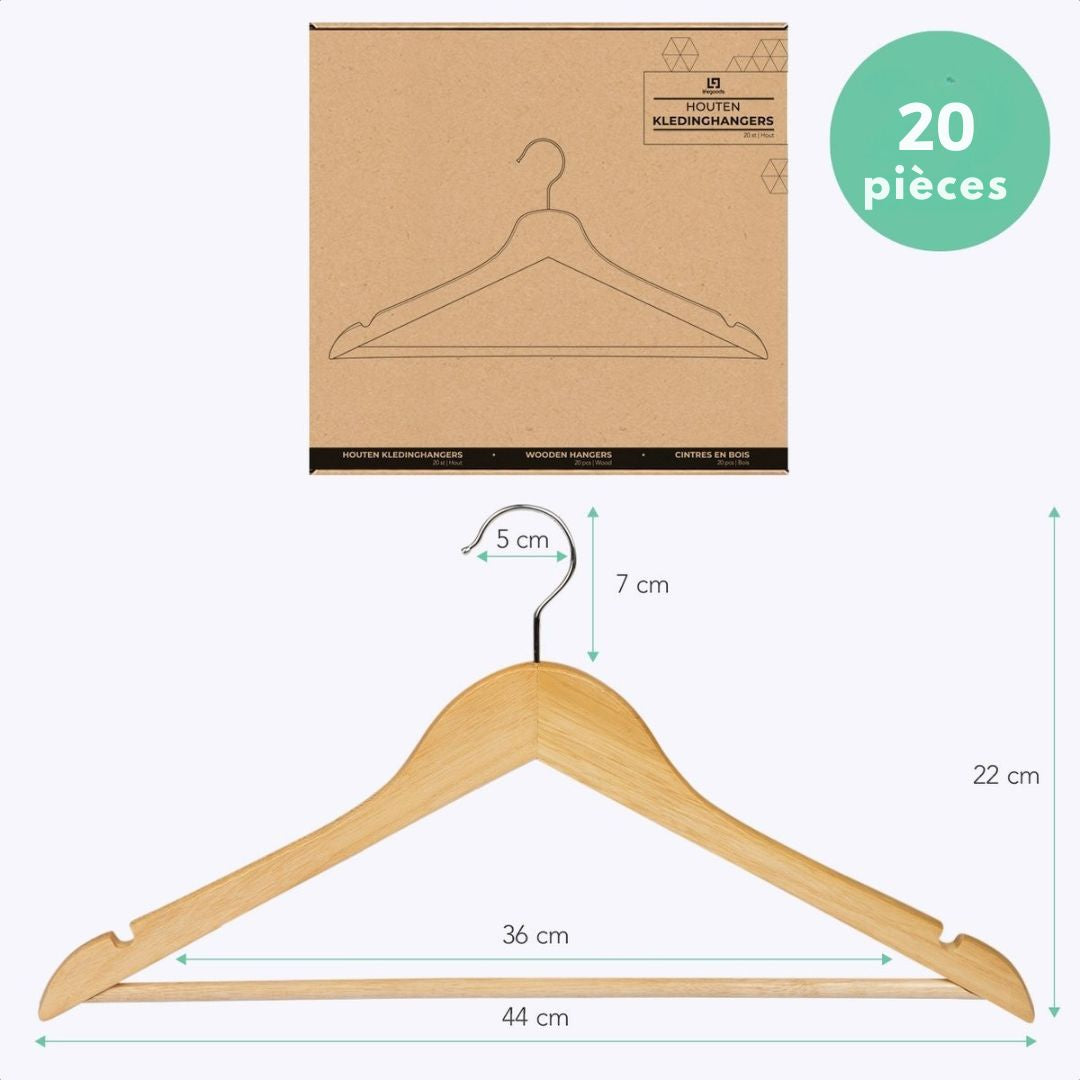 20 cintres en bois LifeGoods - Avec rail pour pantalon - 20 pièces - Bois