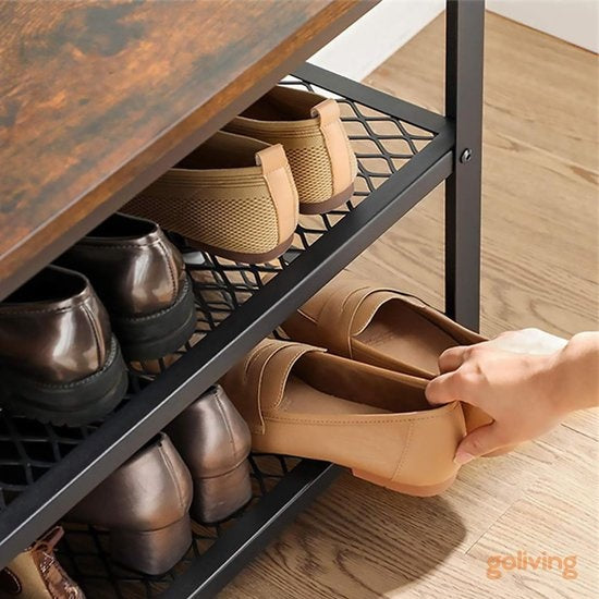 Goliving Rangement de chaussures - Banc de chaussures - Banc d'entrée - Industriel - 30 x 80 x 45 cm - Métal - Bois brun