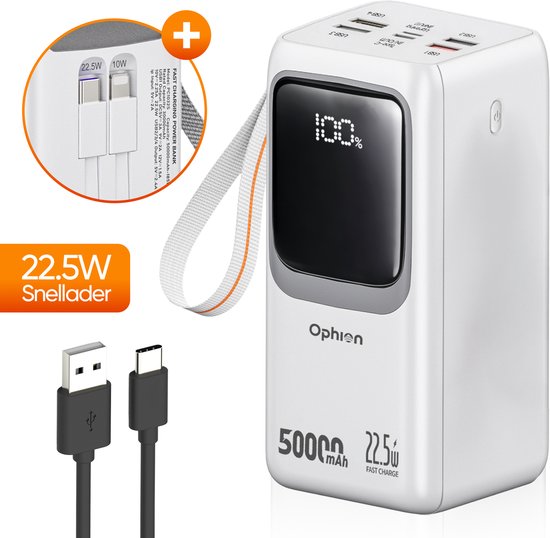 Ophion® Powerbank PRO 50 000 mAh – 7 ports de recharge – Recharge rapide – Chargeur rapide 22,5 W pour USB-C, USB-A, Micro-USB – Câble inclus – Kit d'urgence – Blanc