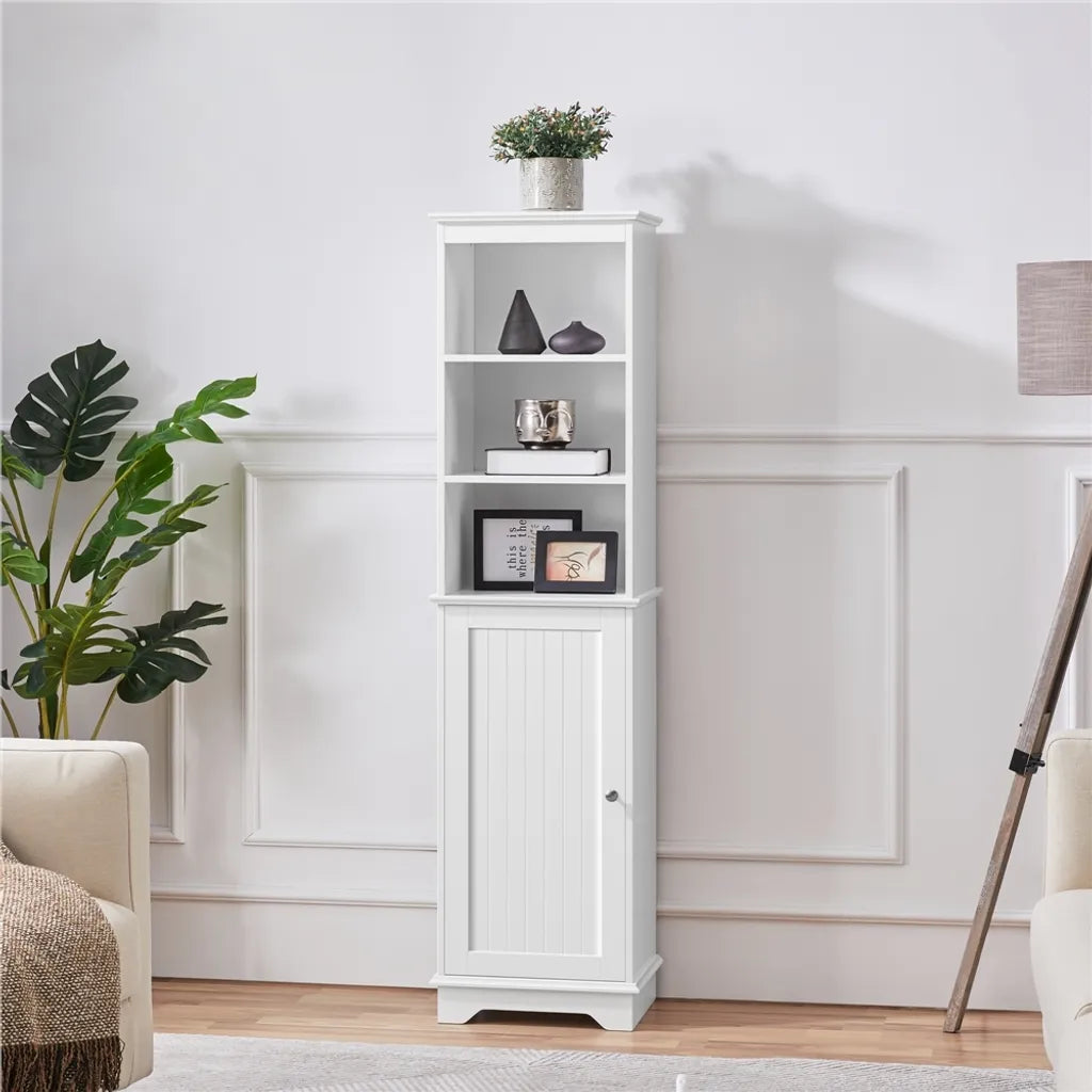 Armoire de salle de bains Yaheetech 40 x 30 x 153 cm - Blanche - Armoire de rangement haute avec 3 étagères ouvertes et une étagère réglable