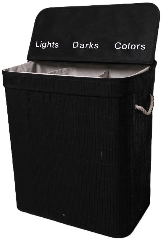 Panier à linge Ceruzo à 3 compartiments – Trieur de linge en bambou 100 L – Sac intérieur amovible – Noir