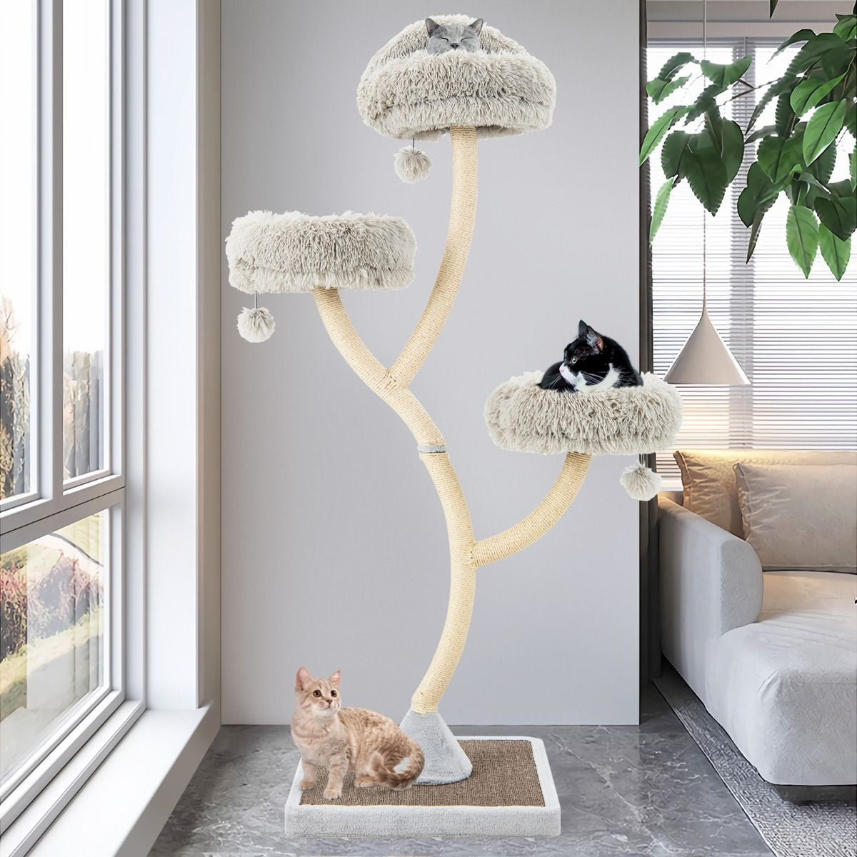 Arbre à chat Coast avec colonnes pour chat - 3 surfaces de couchage chaudes - 59 - 59 - 178 cm - Gris
