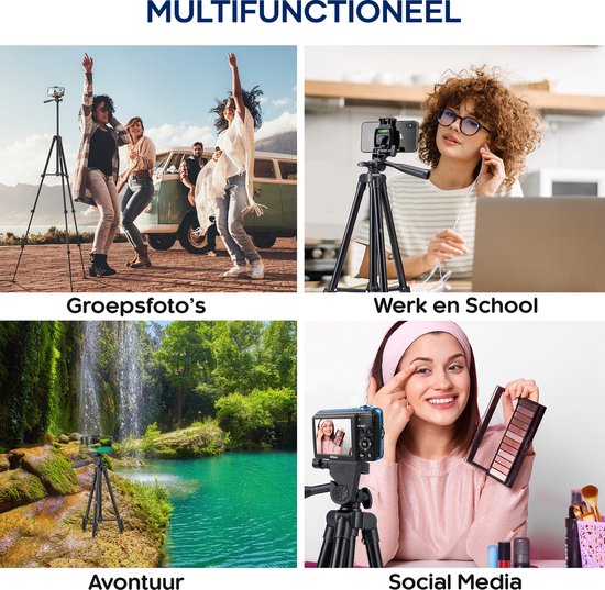 Studio ME Phone Tripod - 128 cm - Trépied Smartphone - Noir - Trépied pour appareil photo - Support pour téléphone - Télécommande Bluetooth incluse - Trépied Téléphone