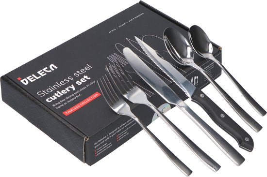 Deleca 8 Person Cutlery Set (48 pieces) - Spoons, Knives, Forks & Steak Knives - Lavable au lave-vaisselle - Silver/Stainless Steel