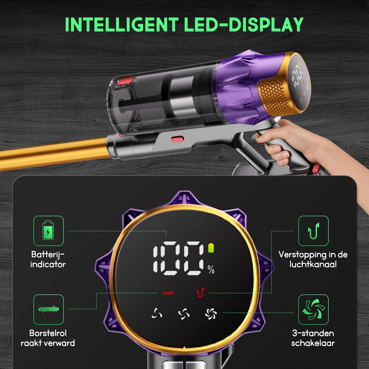 Aspirateur balai sans fil Daynee 65 kPa - Jusqu'à 70 minutes d'autonomie - Brosse anti-bouloches avec LED - Idéal pour les poils d'animaux - Or