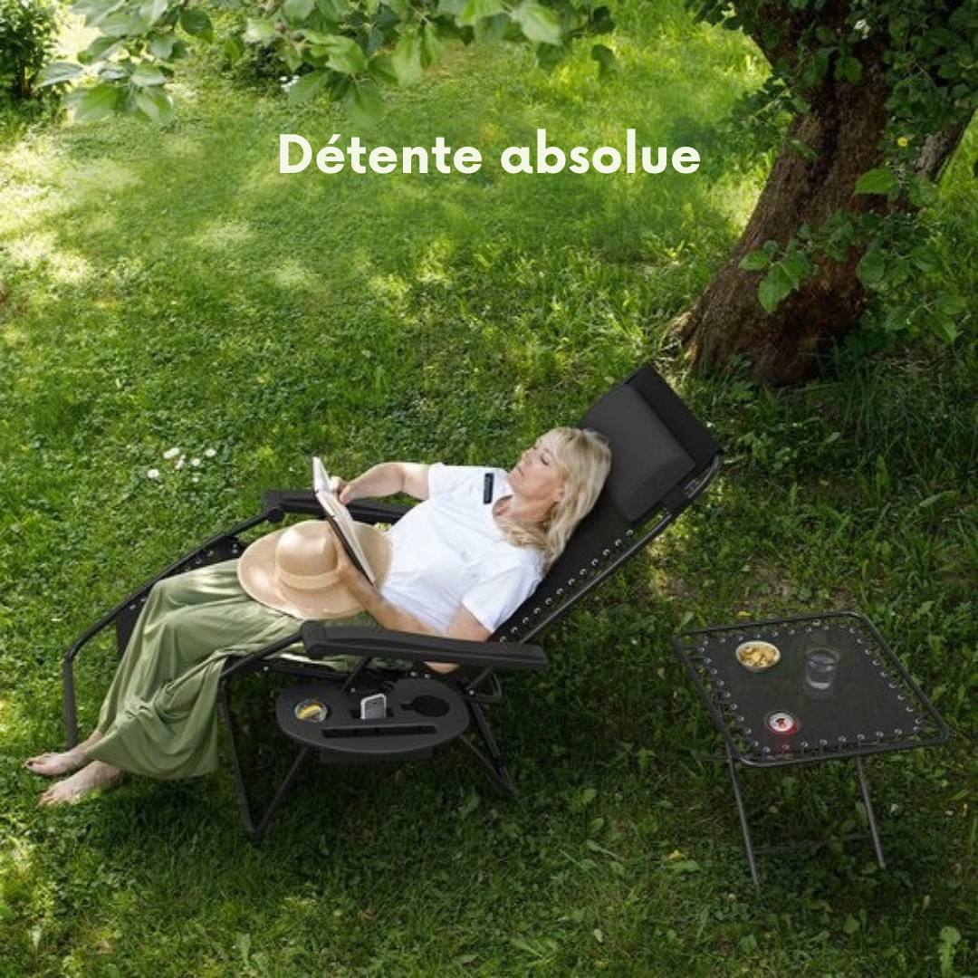 LifeGoods Chaises longues - Pliable - Ensemble complet - Avec table d'appoint - 30°-90° réglable - Chaises de jardin - Métal - Noir
