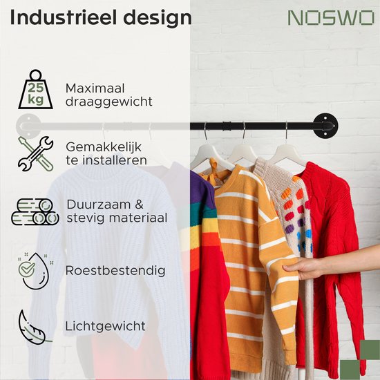 Noswo Wall Clothes Rack - 2 Pieces - High Quality Steel Clothes Rod - Clothes Rack - Hanging Rack - Wardrobe Rod - 112 cm - Black