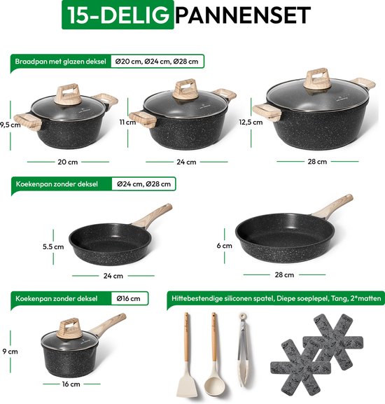 Just Perfecto 15 Piece Induction Cookware Set - Black Cookware Set With Lid For Gas and Induction - PFAS free - Cold grips