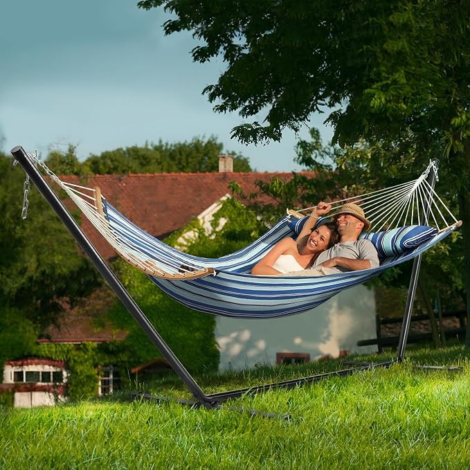 Hamac Yaheetech XXL avec support - Rayures bleues - Hamac réglable pour 2 personnes avec coussin et sac de transport