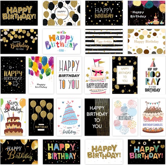 Feestio cartes d'anniversaire avec enveloppe - Carte d'anniversaire - 24 pièces - 10,5 x 14,8 cm
