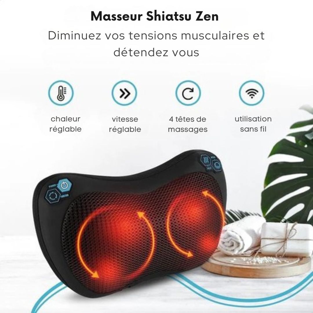 Coussin de massage sans fil - Qumax - Rechargeable - Fonction chaleur - Coussin de massage shiatsu électrique - Noir