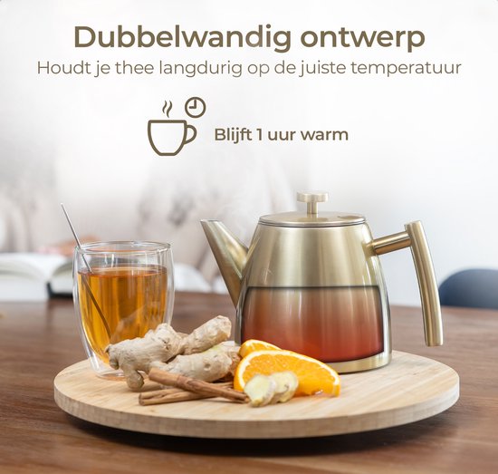 Vaja® Théière Juliette Gold - Double paroi - 1 litre - Théière en acier inoxydable avec filtre et porte-bouillon