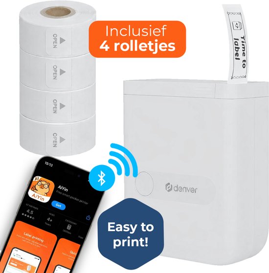 Imprimante d'étiquettes Denver - Bluetooth - Connexion à un smartphone - 15 x 40 mm - 4 rouleaux d'étiquettes inclus - MBP16