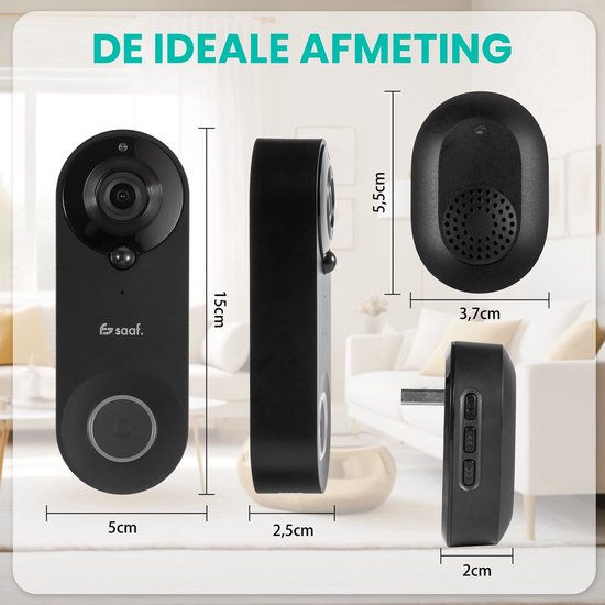 Sonnette vidéo avec caméra - avec gong et carte SD de 128 Go - sans fil - sonnette intelligente - avec application - noir - de Saaf