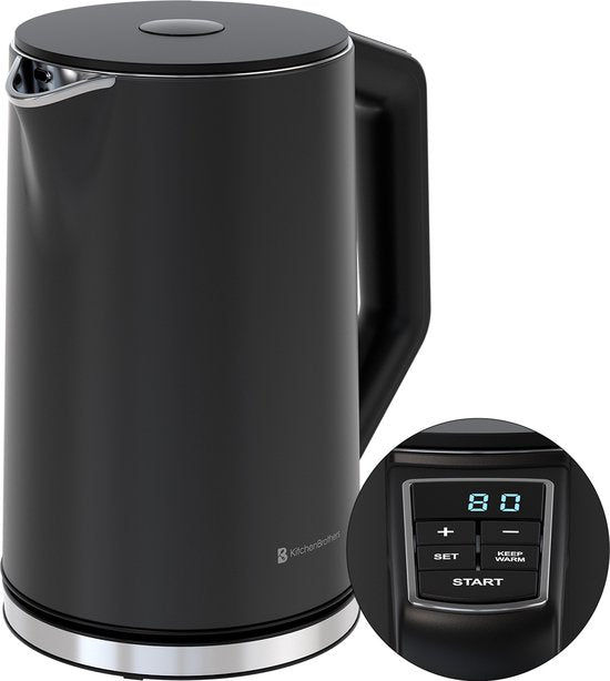 KitchenBrothers Bouilloire - Électrique - 1,5L - 2200W - Contrôle de température réglable - Double paroi - Bouilloire en acier inoxydable - Noir