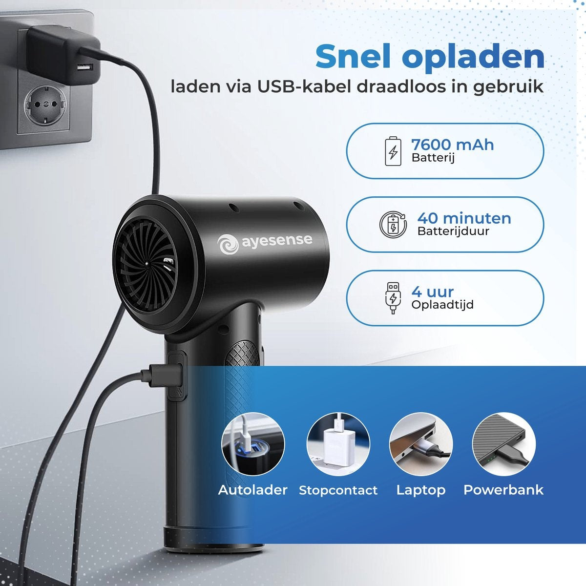 AyeSense 8 in 1 Air Duster Pro - 8 Opzetstukken - Draadloos & Oplaadbaar - Perslucht - Compressed Air