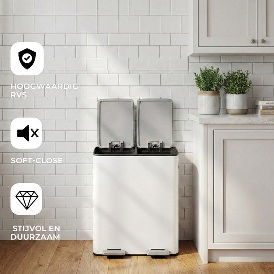Bayt Poubelle - Poubelle 60 litres (2x30) - Poubelle 60 litres - Poubelle à pédale 60 litres - Poubelle Séparation des déchets - Poubelle 2 compartiments - Poubelle - inox - Blanc