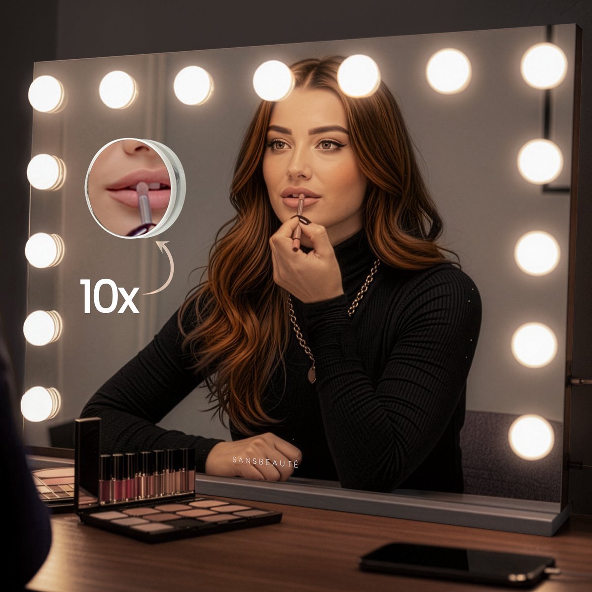 Sansbeauté® Hollywood Mirror 58x43 cm - Miroir de maquillage - 15 lampes LED - grossissement 10x - dimmable - port de charge USB - Touch Control - noir