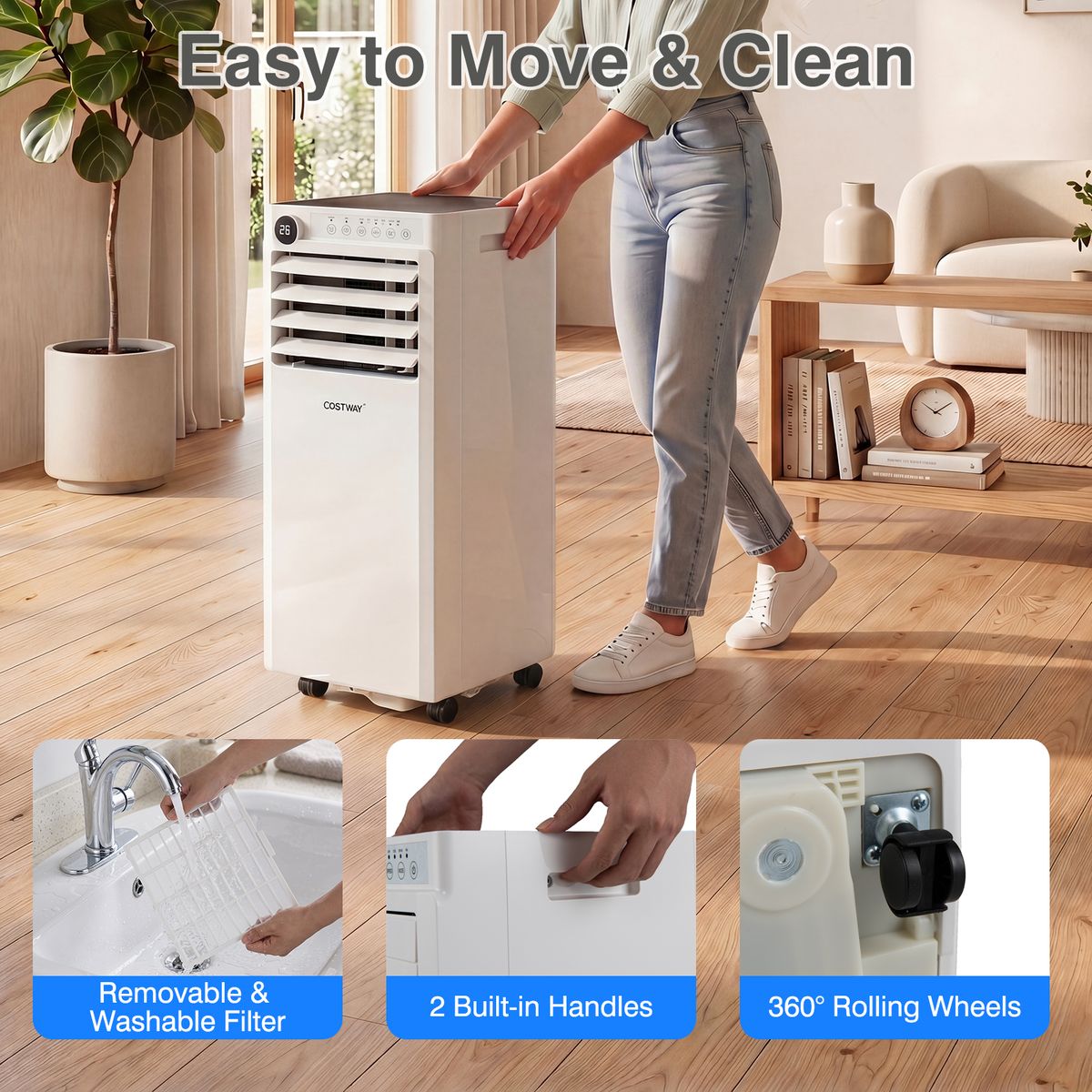 Climatiseur portable Coast - Refroidisseur d'air 4-en-1 avec déshumidificateur et ventilateur - mode nuit - blanc et noir - 30 x 29 x 69 cm