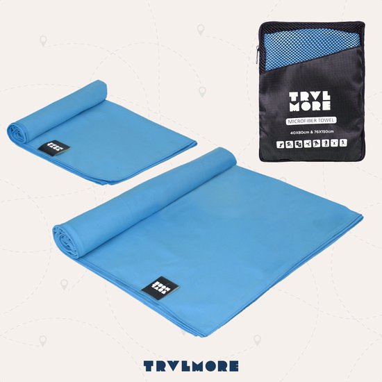 TRVLMORE Set de serviettes de voyage en microfibre - 2 pièces - Petit (40 x 80 cm) & Grand (76 x 150 cm) - Microfibre - Bleu